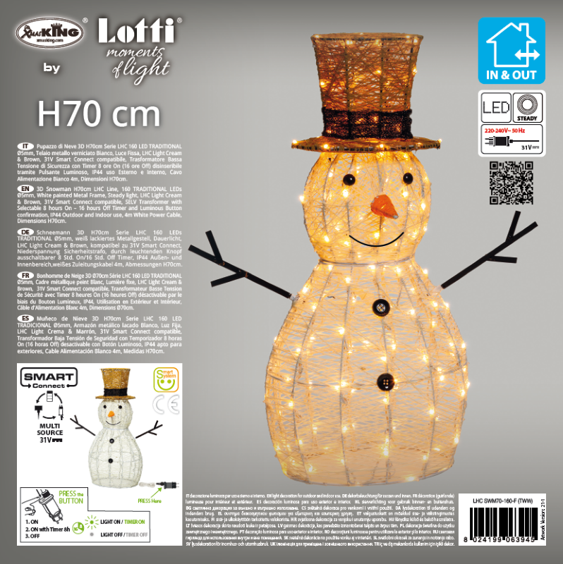 Muñeco de nieve LED 3D Al. 70 cm Serie 160 LED