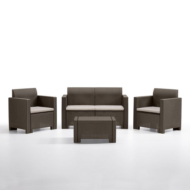 Sofá lounge de resina para jardín con sillones y mesa de centro