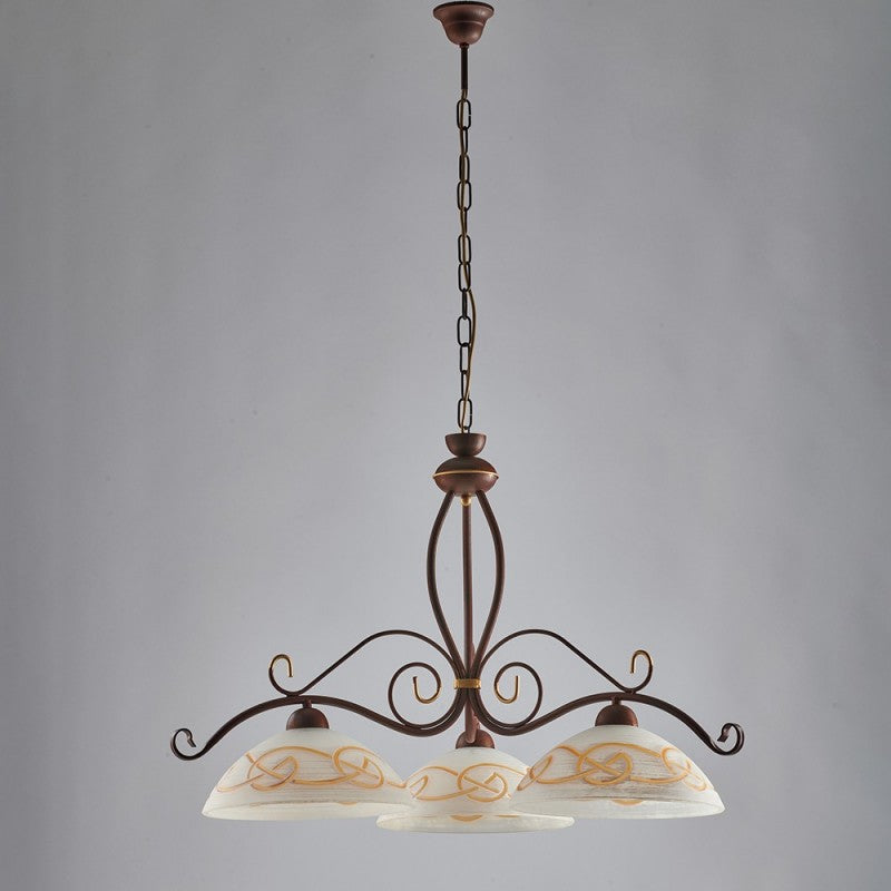 Araña trabajada en hierro negro oxidado con acabado dorado, tres luces 71x h56 cm