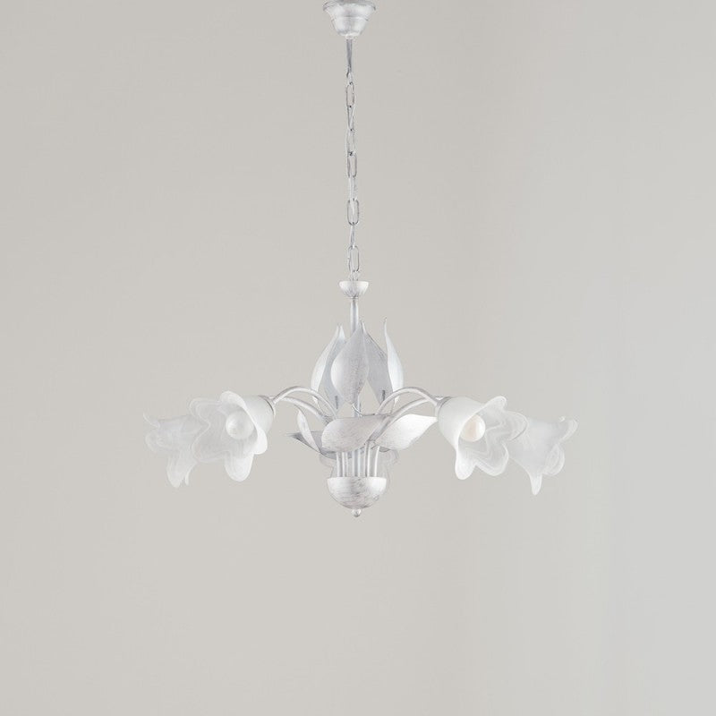 Araña de hierro blanco plateado cinco luces con cristal de alabastro blanco 68x h43 cm