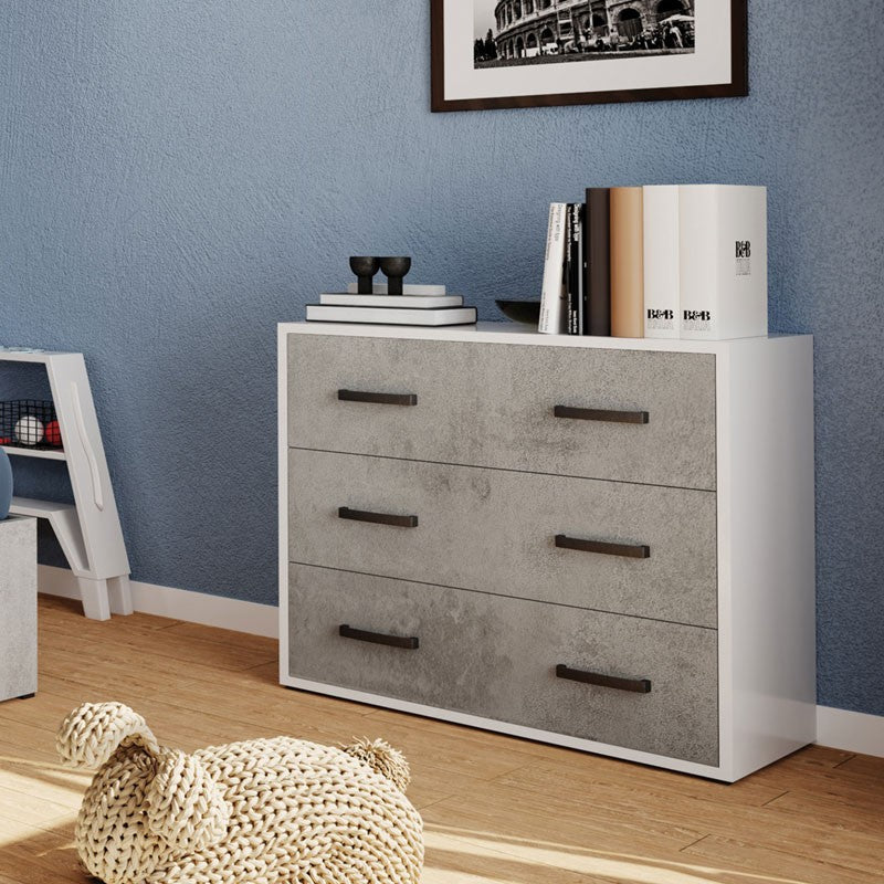 Cómoda maxi con 3 cajones gris cemento en madera de melamina Al.81x L.91x P.45 cm