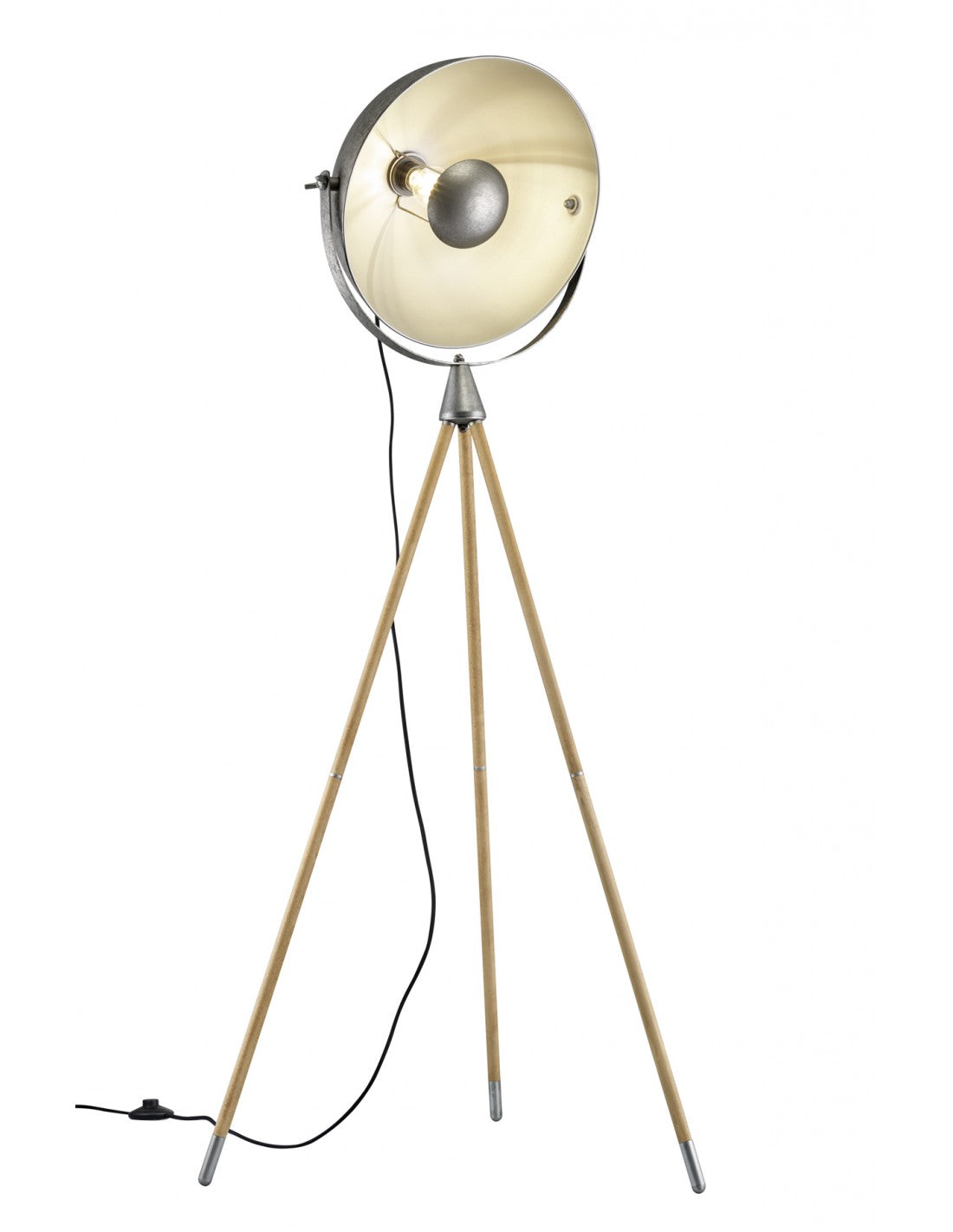 Lámpara de pie industrial con trípode Delhi, iluminación en trío con cúpula ajustable