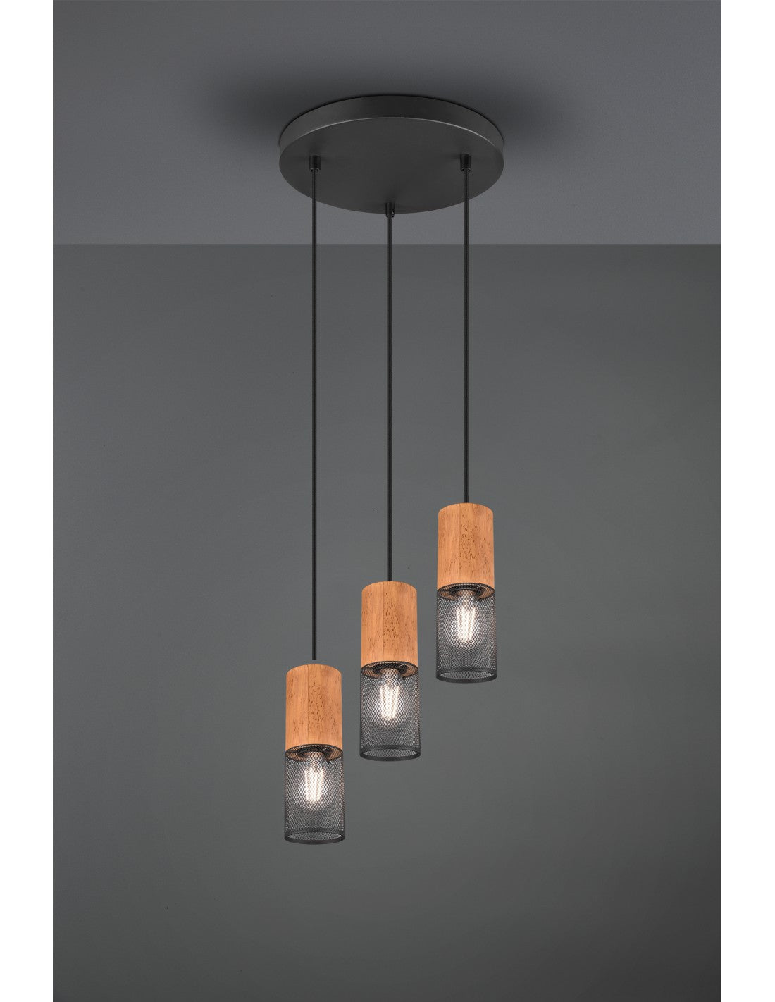 Tosh Suspensión Negro 3xE27 Jaula Madera Y Metal Ø28 cm Trio Lighting