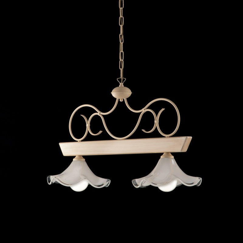 Lámpara de araña de madera lacada en marfil y hierro con decoración decapada, 2 luces