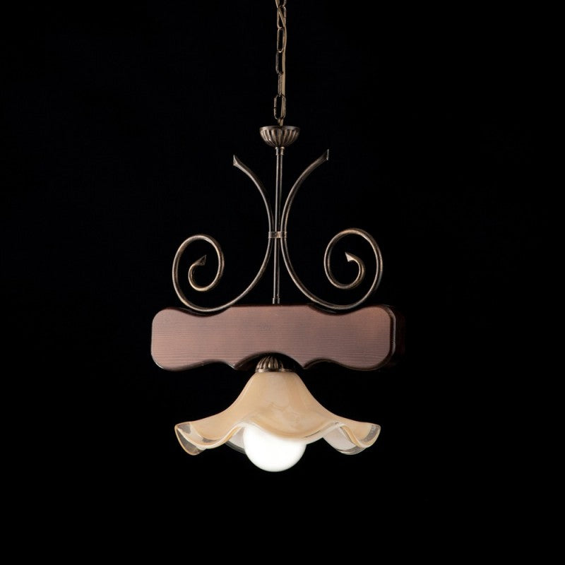 Lámpara de araña antigua de madera de nogal y hierro, una pantalla de cristal ligera 43x h48 cm