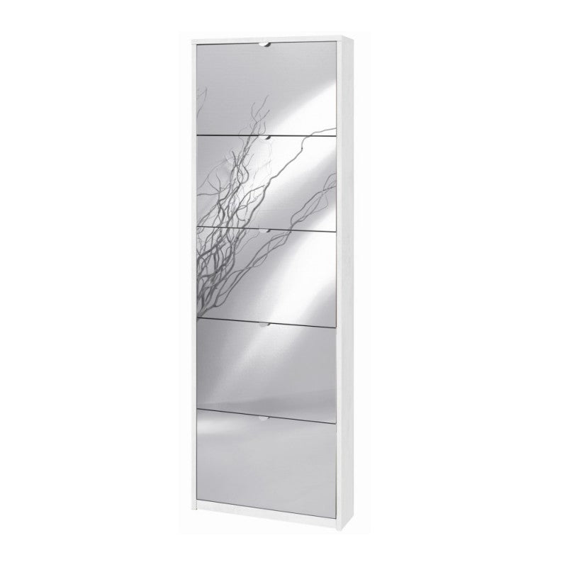 Zapatero delgado de cinco puertas con espejo en Blanco Óxido 63x18x h190 cm