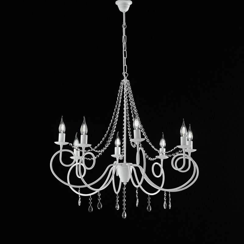 Araña de hierro blanco con ocho luces, decoración desgastada y pedrería 80x h75 cm