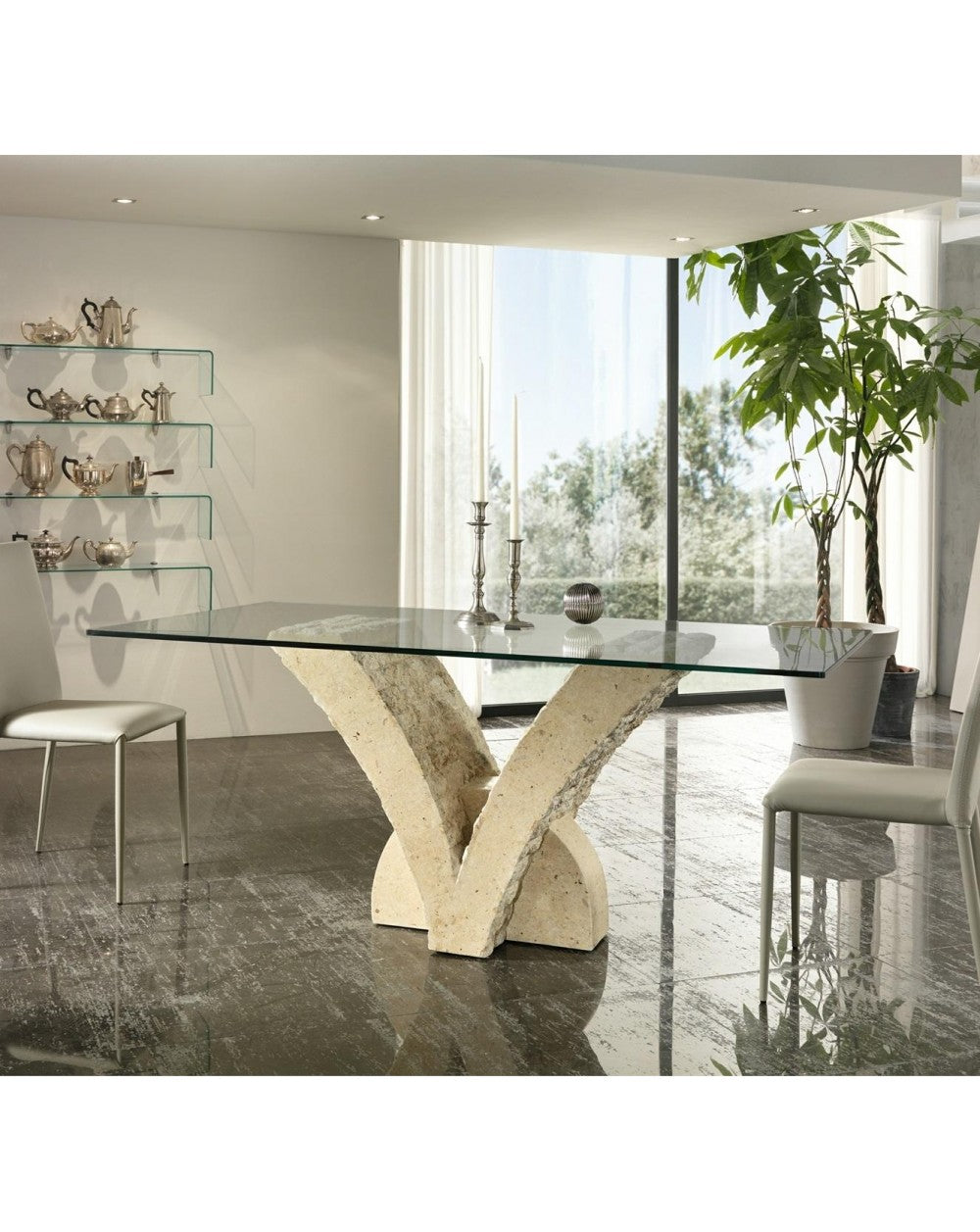 Mesa fija transparente-beige 100 cm x 180 cm H. 76 cm