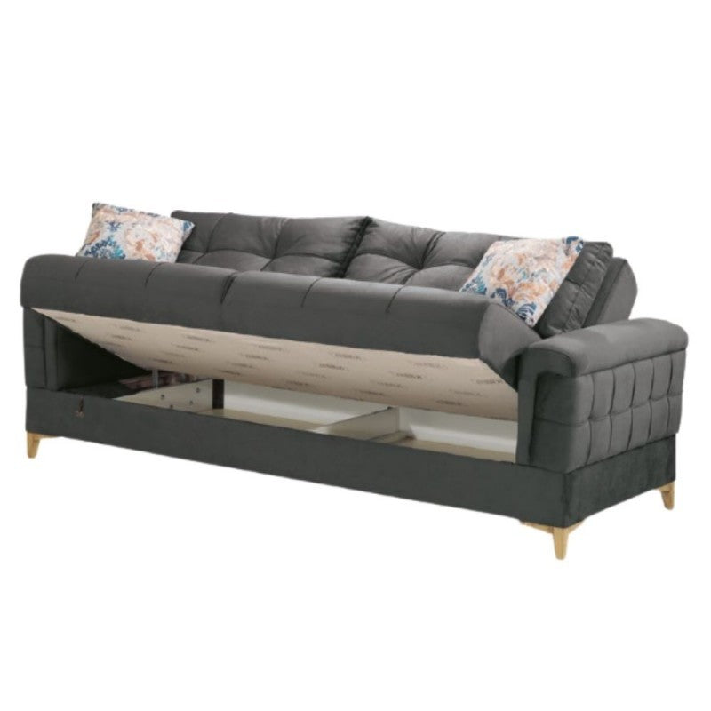 KEMER Sofá cama de tres plazas con almacenaje en madera y tela Gris Oscuro 219x99x h87 cm