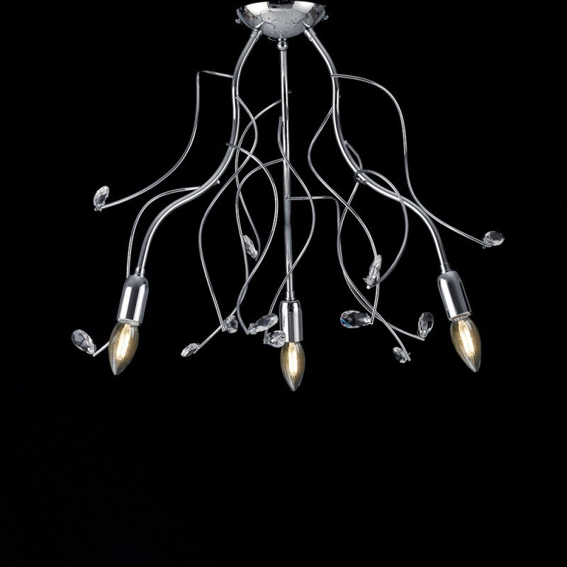 Lámpara de techo de hierro cromado pulido con strass de cristal, 3 luces, 56 cm