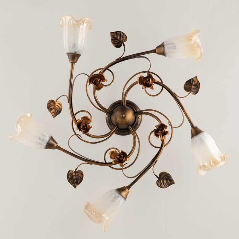 Lámpara de techo de hierro Hojas de oro marrón cinco luces 70x h15 cm