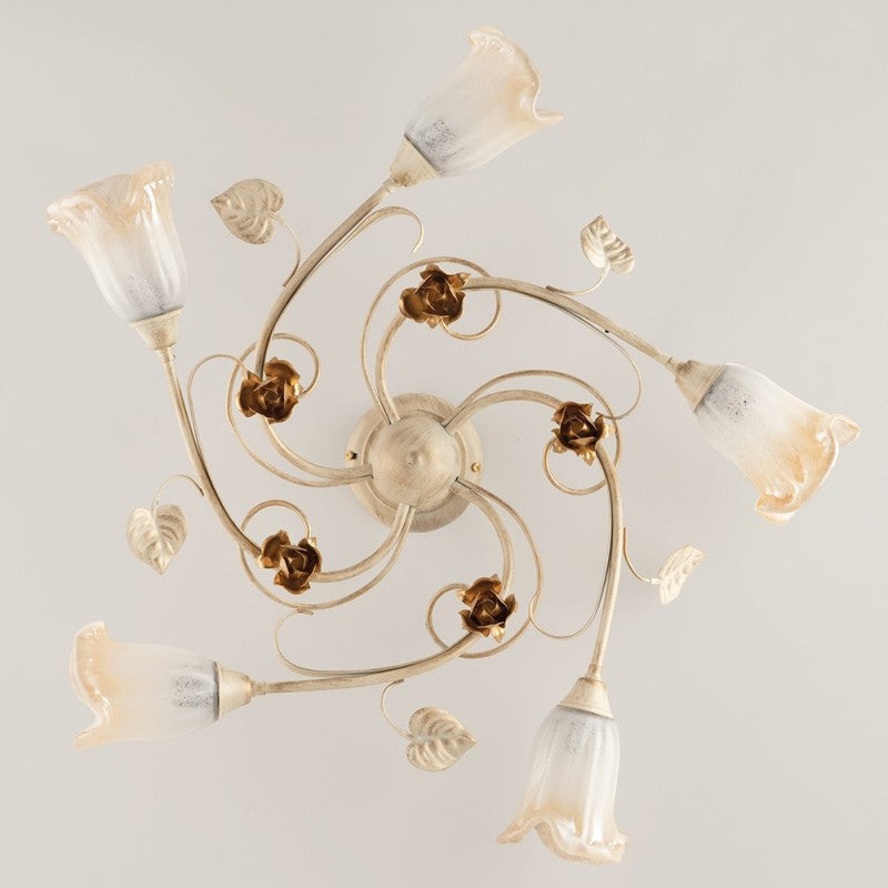 Lámpara de techo de hierro rosa marfil dorado con cinco luces 70x h15 cm