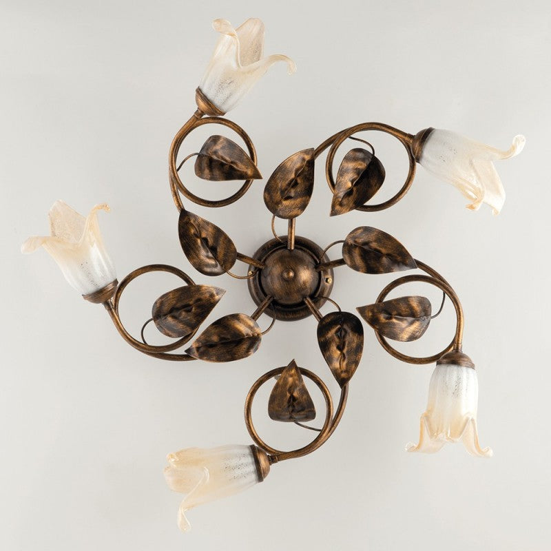 Lámpara de techo de hierro Marrón Oro Ámbar Blanco Vidrio cinco luces 70x h20 cm