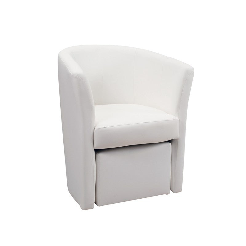 Sillón acolchado tapizado en ecopiel blanca y puf desenfundable 64x63xh.76