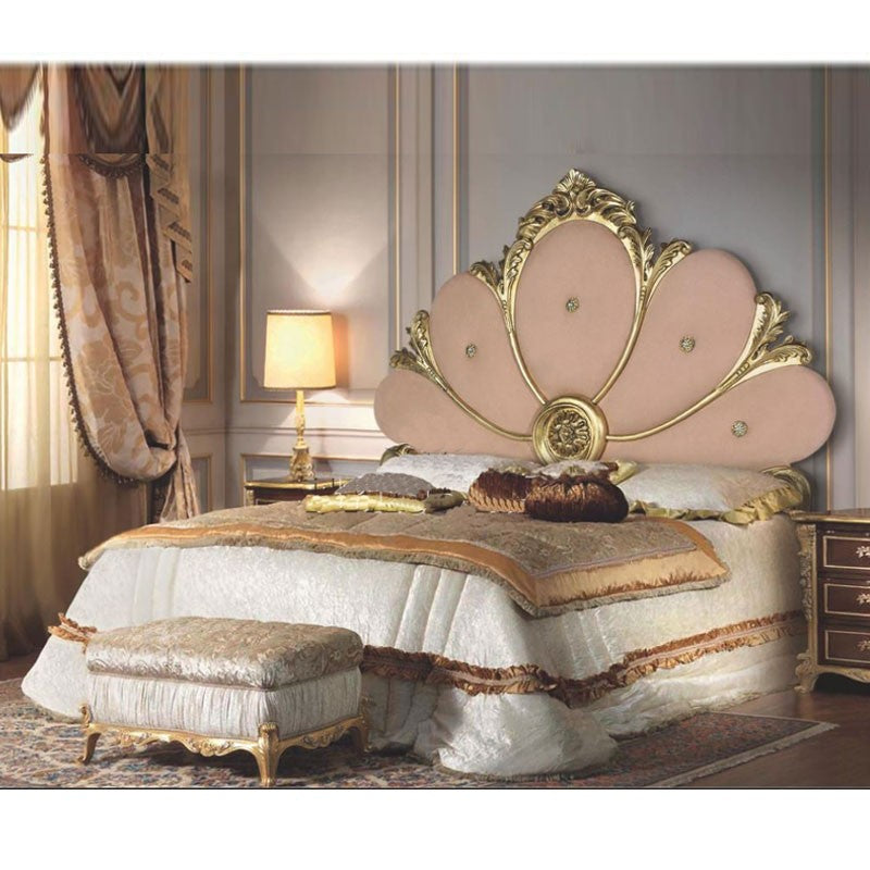 Cama doble con contenedor con cabecero tallado pan de oro 180x202xh.170 cm