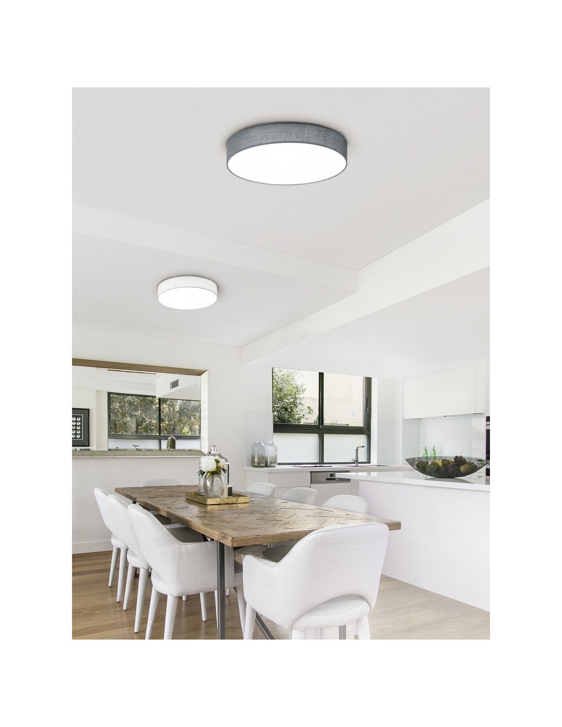 Plafón LED grande con pantalla de tela Gris Lugano Ø75 cm Trio Lighting
