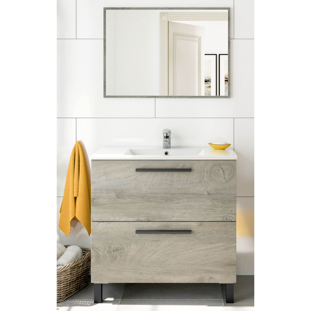 Kit mueble de baño Athena 2 cajones 80cm roble
