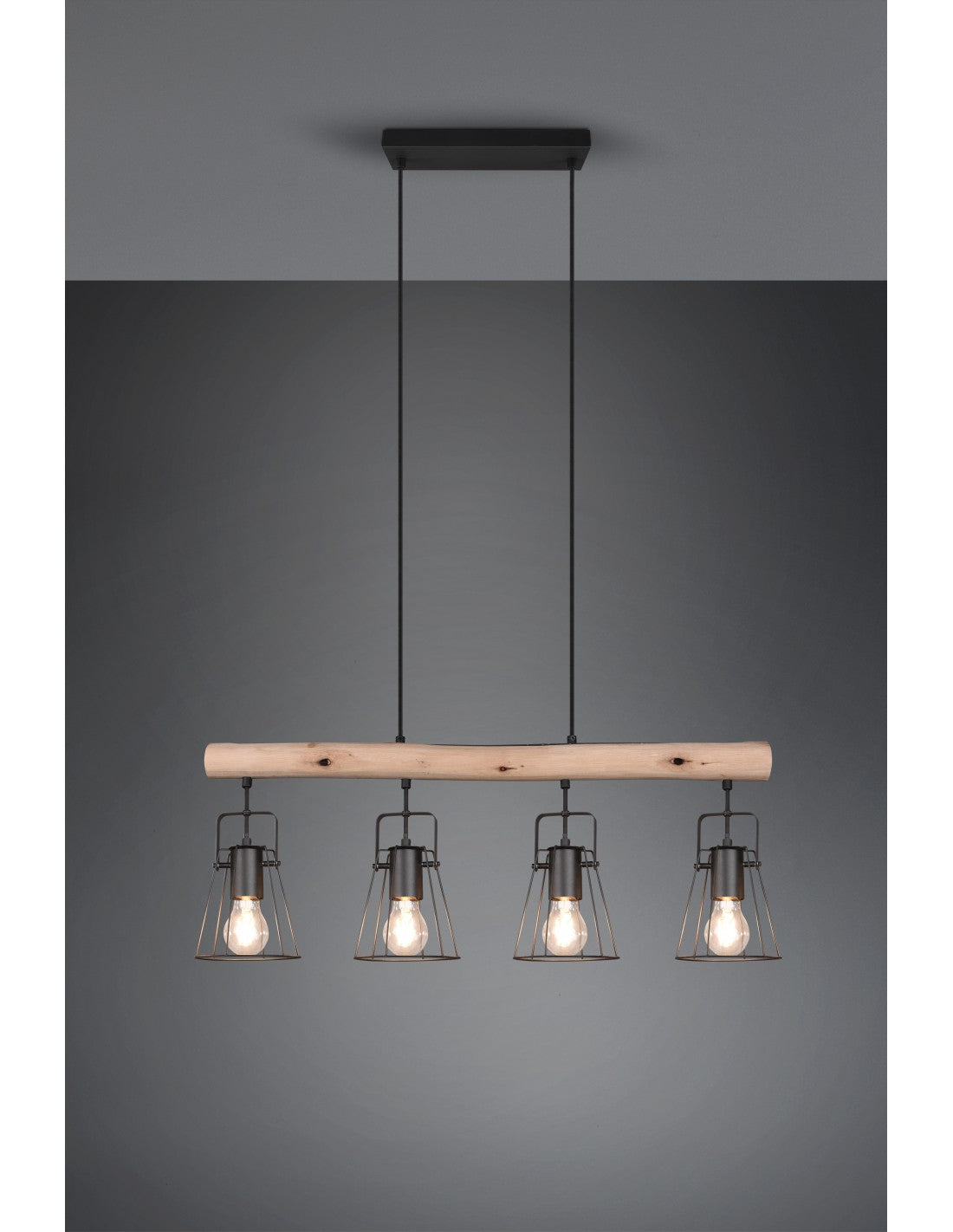 Suspensión Barra De Madera 4 Luces Jaipur Industrial Vintage Negro Y Madera Trio Iluminación