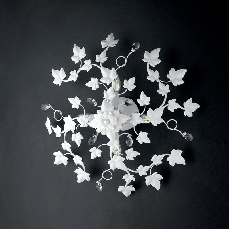 Lámpara de techo Shabby de hierro con cuatro luces blancas y pedrería, hiedra 60 cm