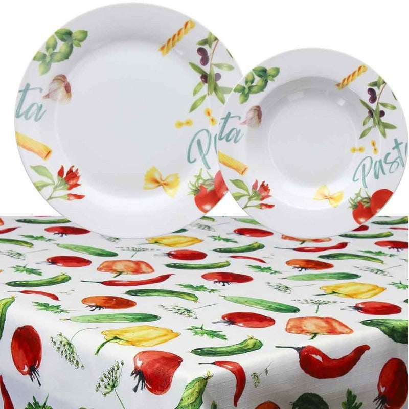 Juego de 12 Platos de Pasta y Mantel Multicolor Línea Olimpia