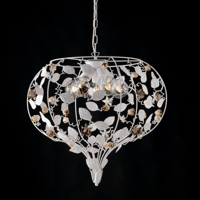 Lámpara de araña de hierro lacado en blanco con decoración shabby, 5 luces y acabados en marfil y gris tórtola