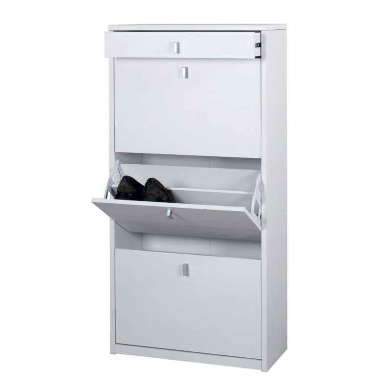 Zapatero delgado que ahorra espacio con tres puertas y un cajón en Ash White 63x29x h127 cm
