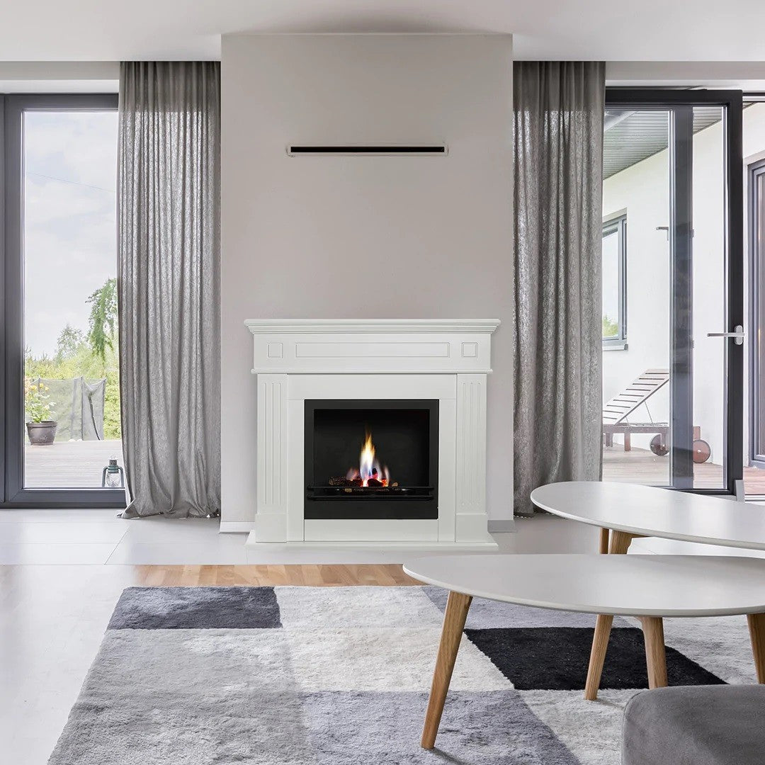 Chimenea de bioetanol Cambridge biochimenea de suelo en madera blanca 110x37xh.102 cm