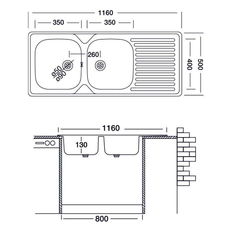 Fregadero con dos cubetas de acero encastradas, escurridor a la derecha, 50x116 cm