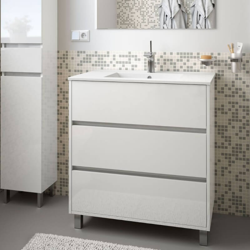 Mobile bagno Elmas80 bianco laccato lucido con lavabo 3 cassetti 81x45x86h