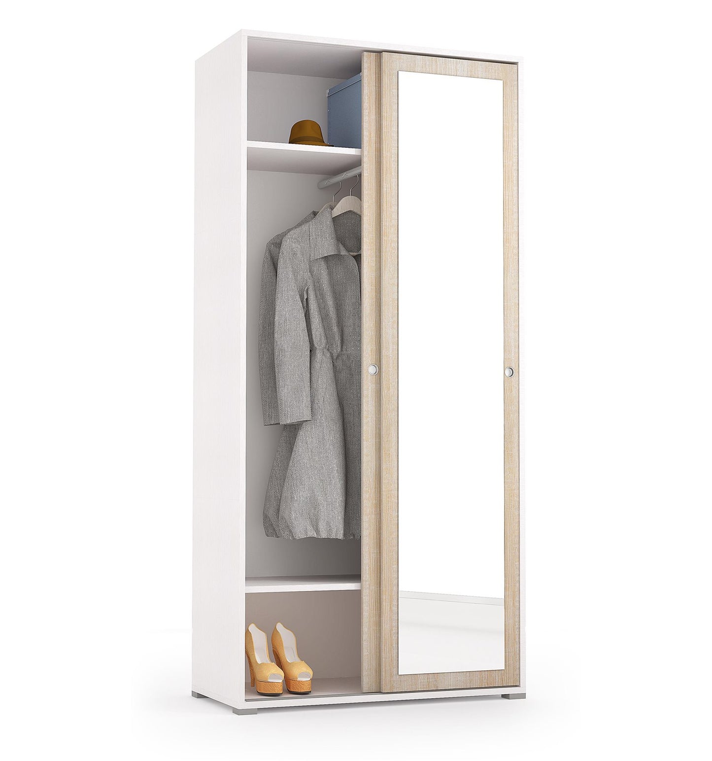 Mueble con puertas correderas, espejo, dos estantes y tubo para ropa blanco con puertas de roble