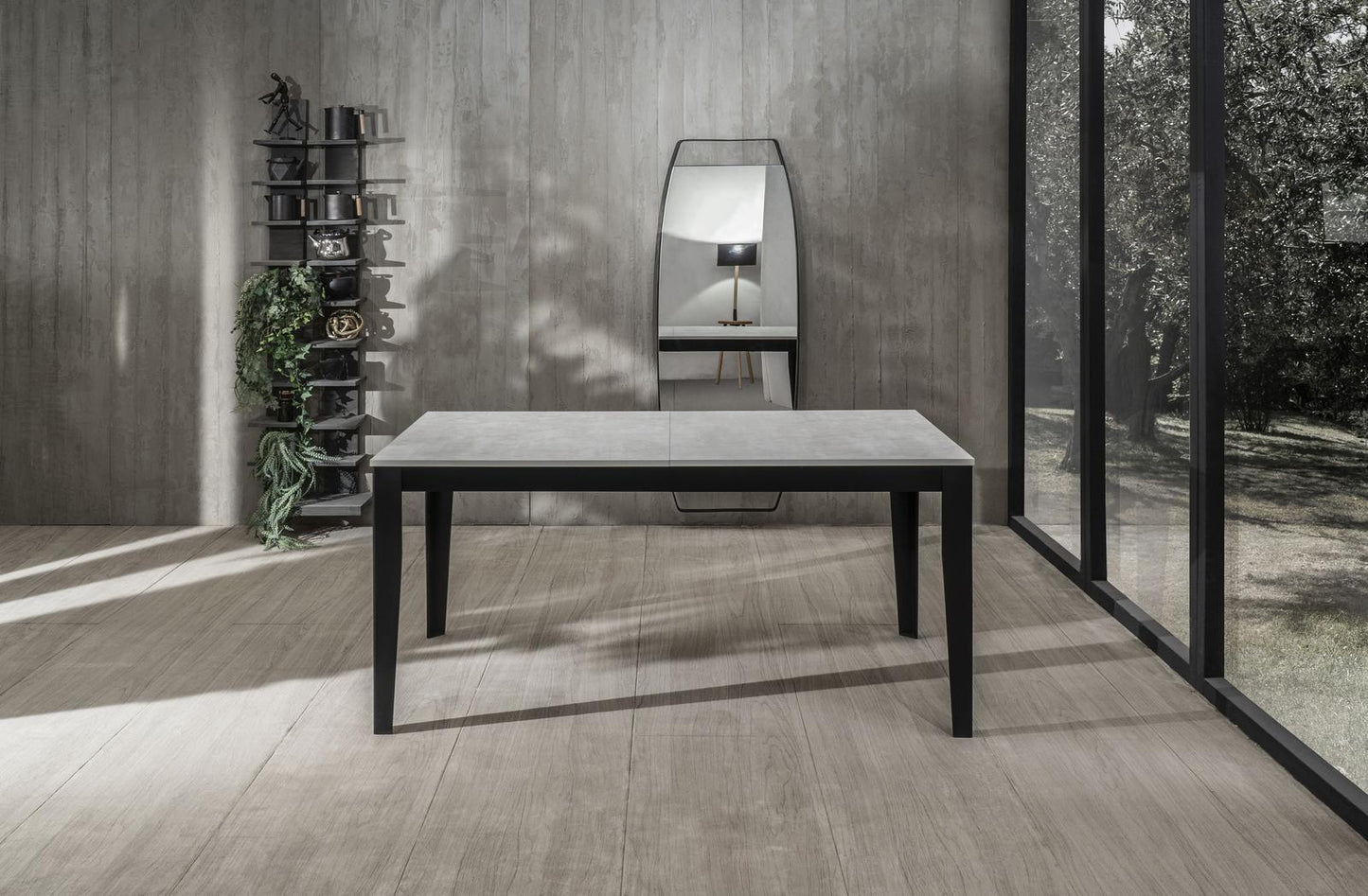 Mesa extensible de hormigón blanco-negro 80 cm x 130- 290 cm Alt. 76 cm