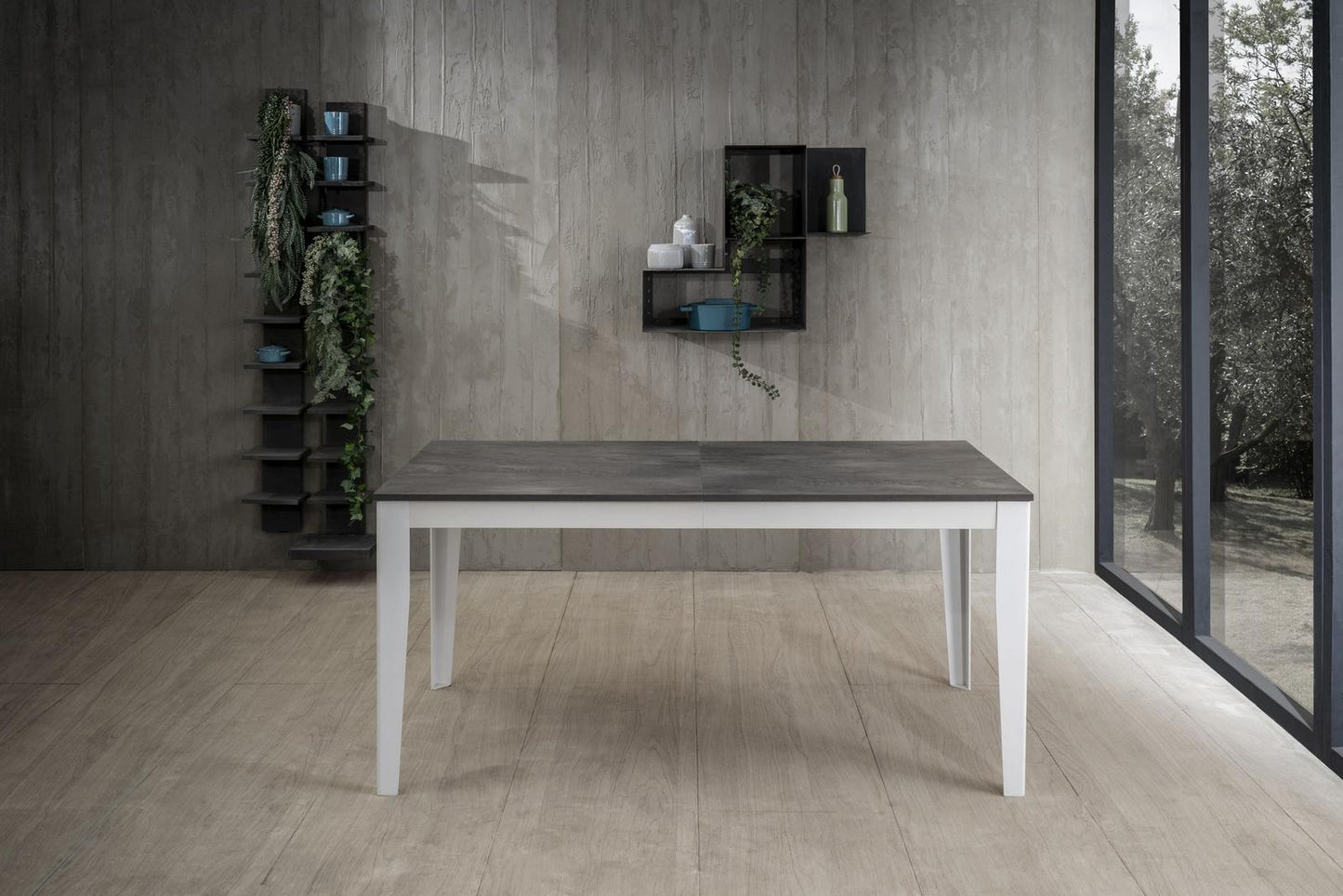 Mesa extensible hormigón gris-metal blanco 90 cm x 156- 316 cm Alt. 76 cm