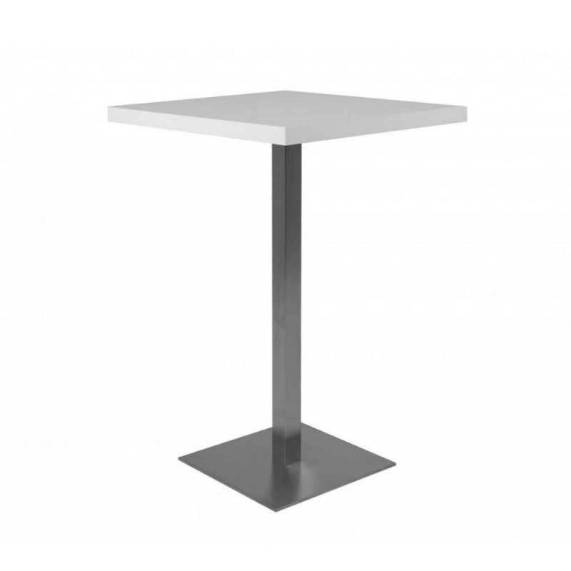 Mesa alta Quadrato 105 cm tapa blanca y base cromada 70x70xh.105 cm