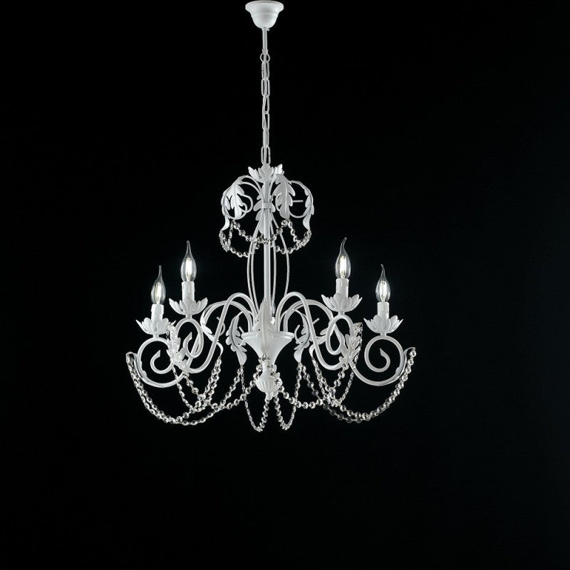 Araña de hierro Shabby blanca con pedrería damasco cinco luces 63x h65 cm