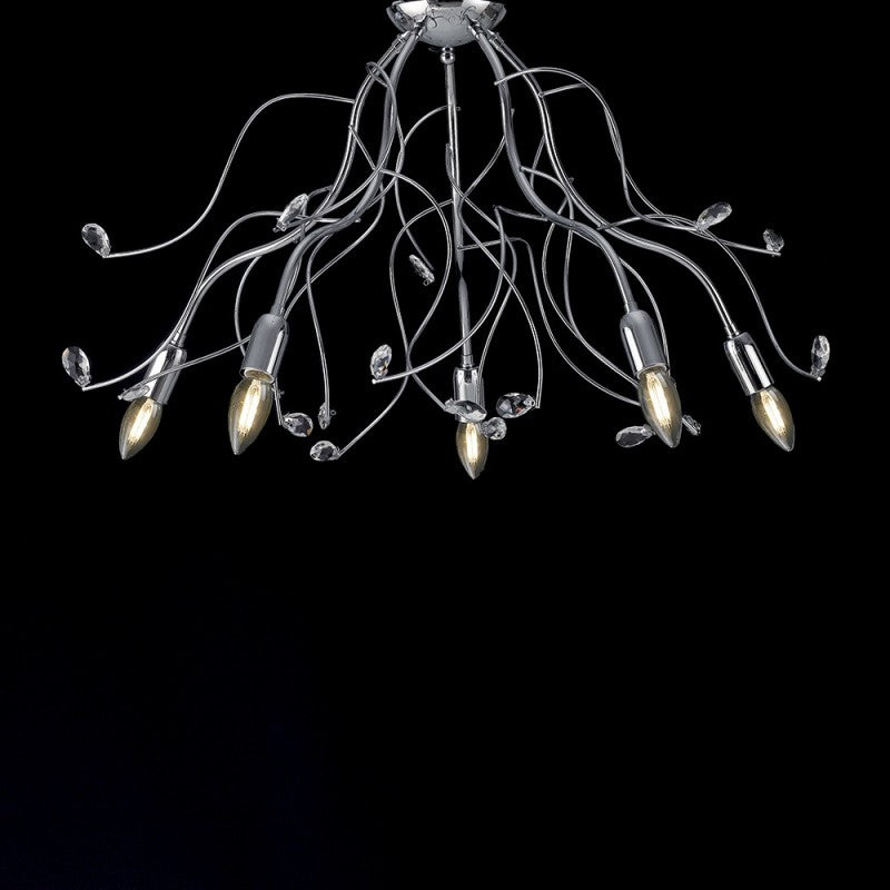 Plafón de hierro cromado brillo con 5 luces cristal strass
