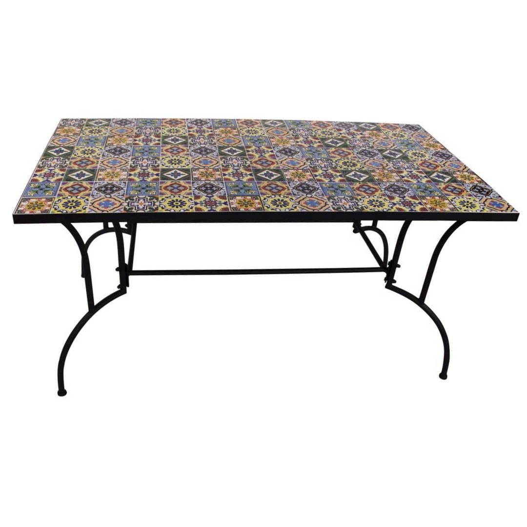 Mesa metálica de exterior 150 x 80 cm. con decoración de mosaico de flores