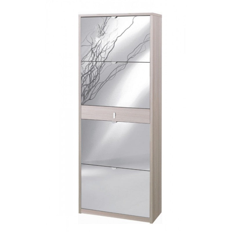Zapatero con cuatro puertas de espejo y un cajón en Light Olmo 63x29x h164 cm