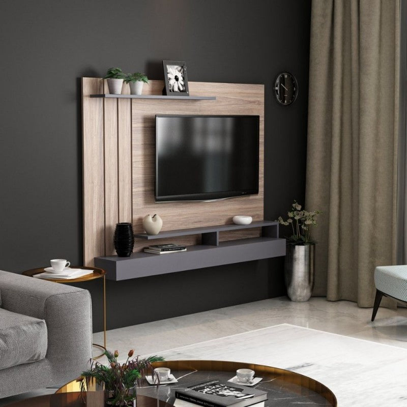 Mueble TV de nogal con detalles antracita 157x21xh.120 cm