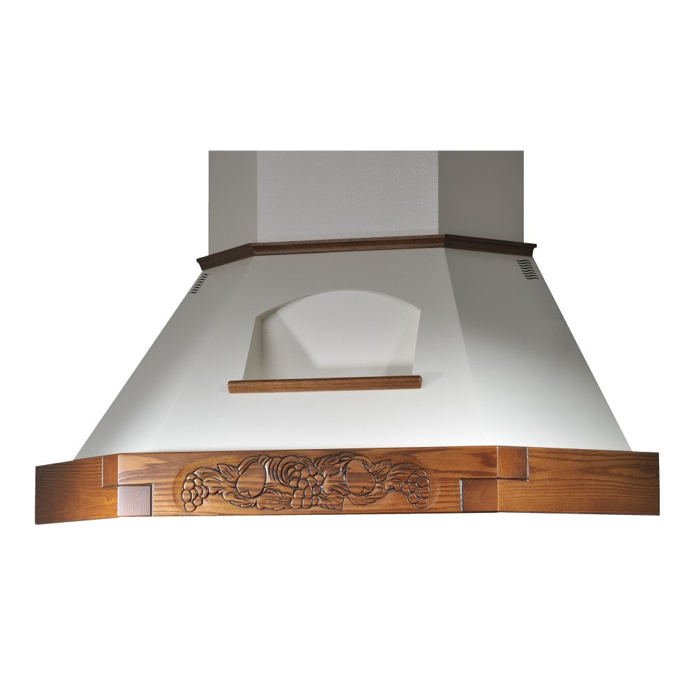 Campana de cocina de esquina rústica EPOQUE blanca con estructura de madera con incrustaciones color tabaco 100x100 cm