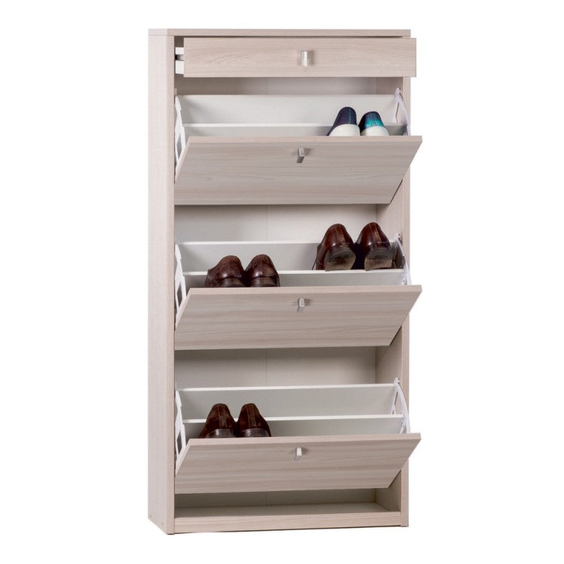 Zapatero delgado que ahorra espacio con tres puertas y un cajón en Light Olmo 63x29x h127 cm