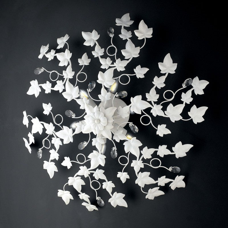 Lámpara de techo Shabby de hierro con seis luces, strass de cristal blanco, hiedra 80 cm