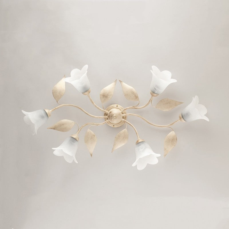 Plafón de hierro Ivory Gold con seis luces de cristal Blanco Alabastro 95x52x h20 cm