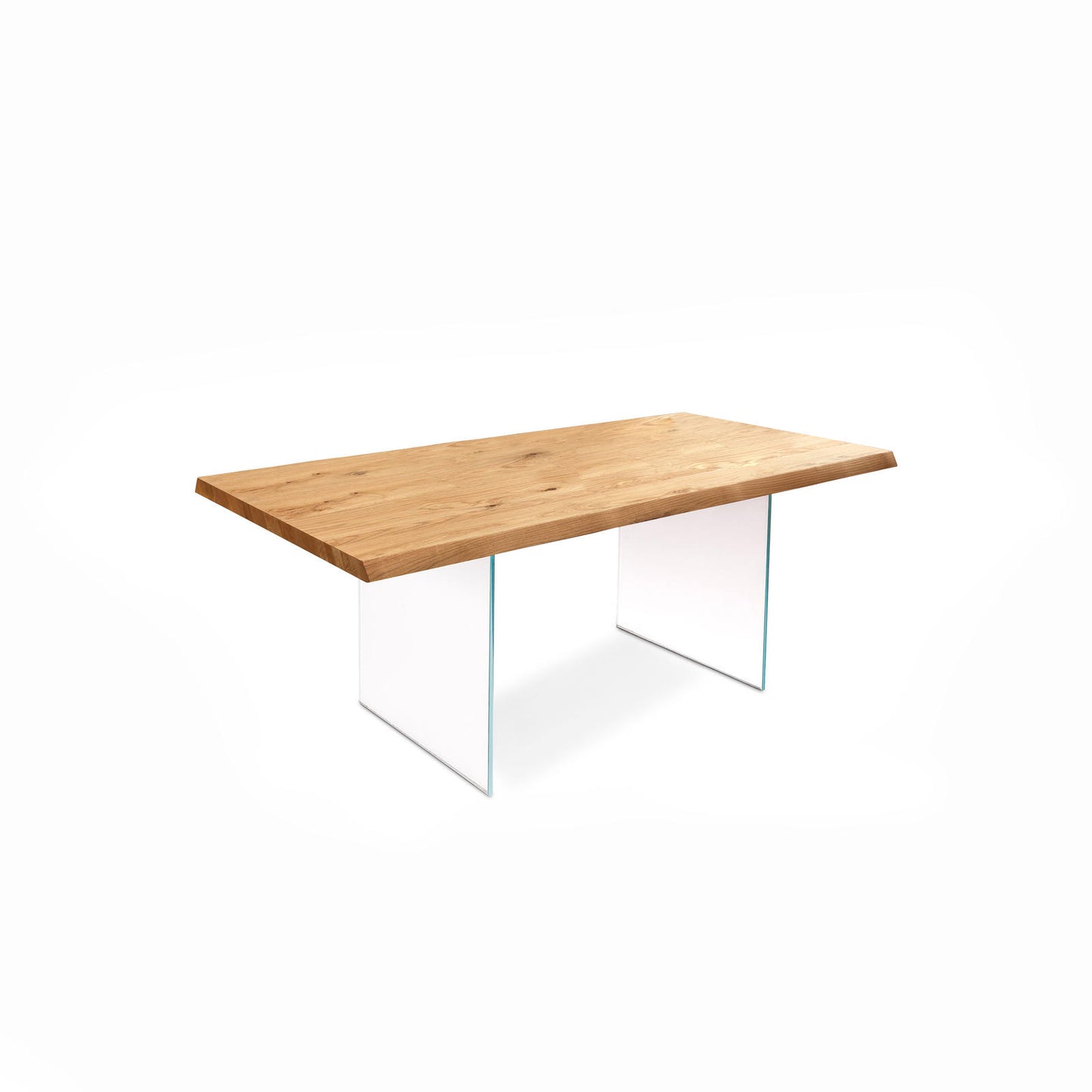 Mesa chapa de roble y patas de cristal templado 160x76h cm
