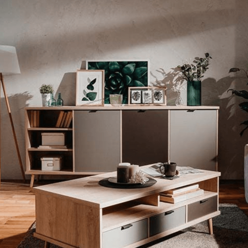 Aparador Epik 56 en roble gris antracita con 3 puertas y compartimento abierto