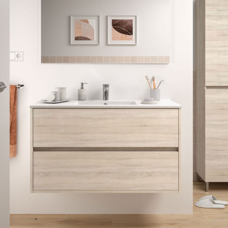Mobile bagno sospeso Claros100 rovere caledonia con lavabo 2 cassetti 100x45x56h