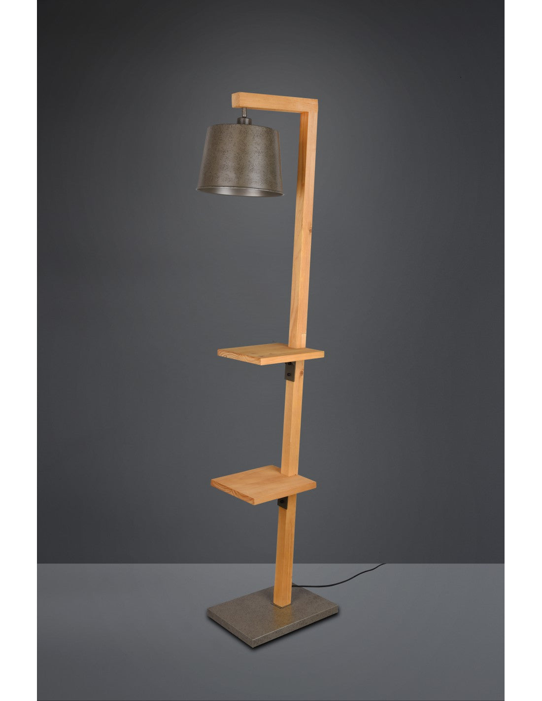 Lámpara de pie vintage estantes de madera pantalla níquel Rodrigo Trio Lighting