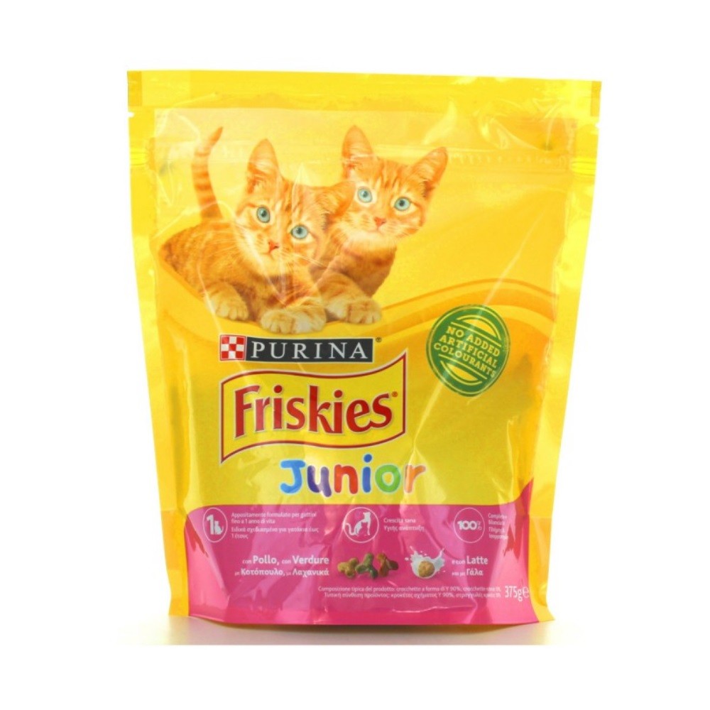 Friskies junior croquetas para gatos con pollo, verduras y leche Purina 375 gramos