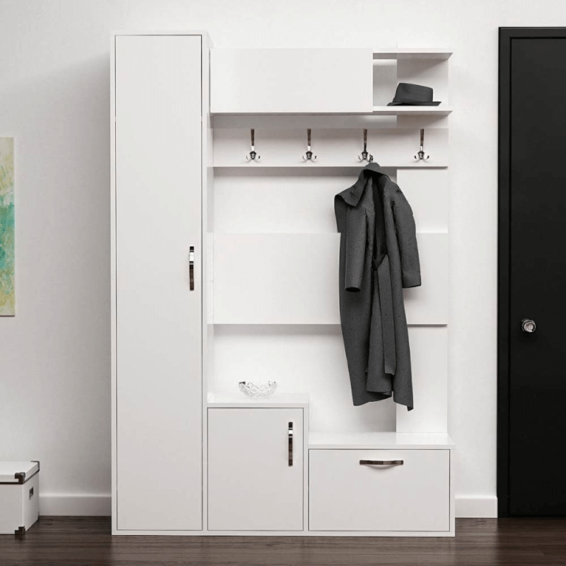 Mueble de entrada Seina blanco con zapateros y percheros