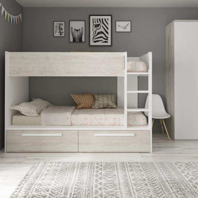 Cameretta con letto a castello con cassettoni colore bianco consumato e bianco reversibile