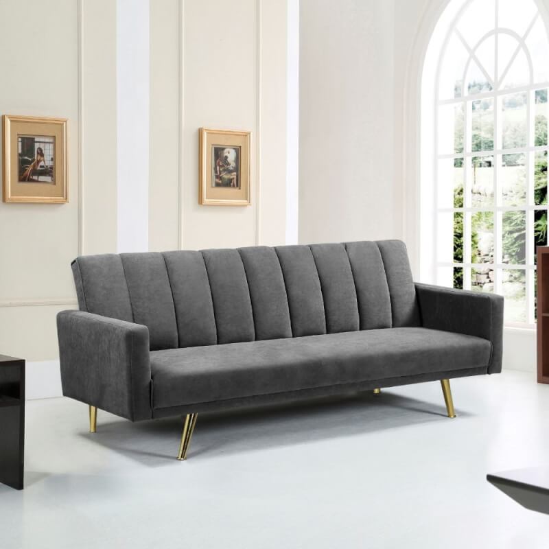 Sofá cama Issyk de tela gris con patas de metal dorado